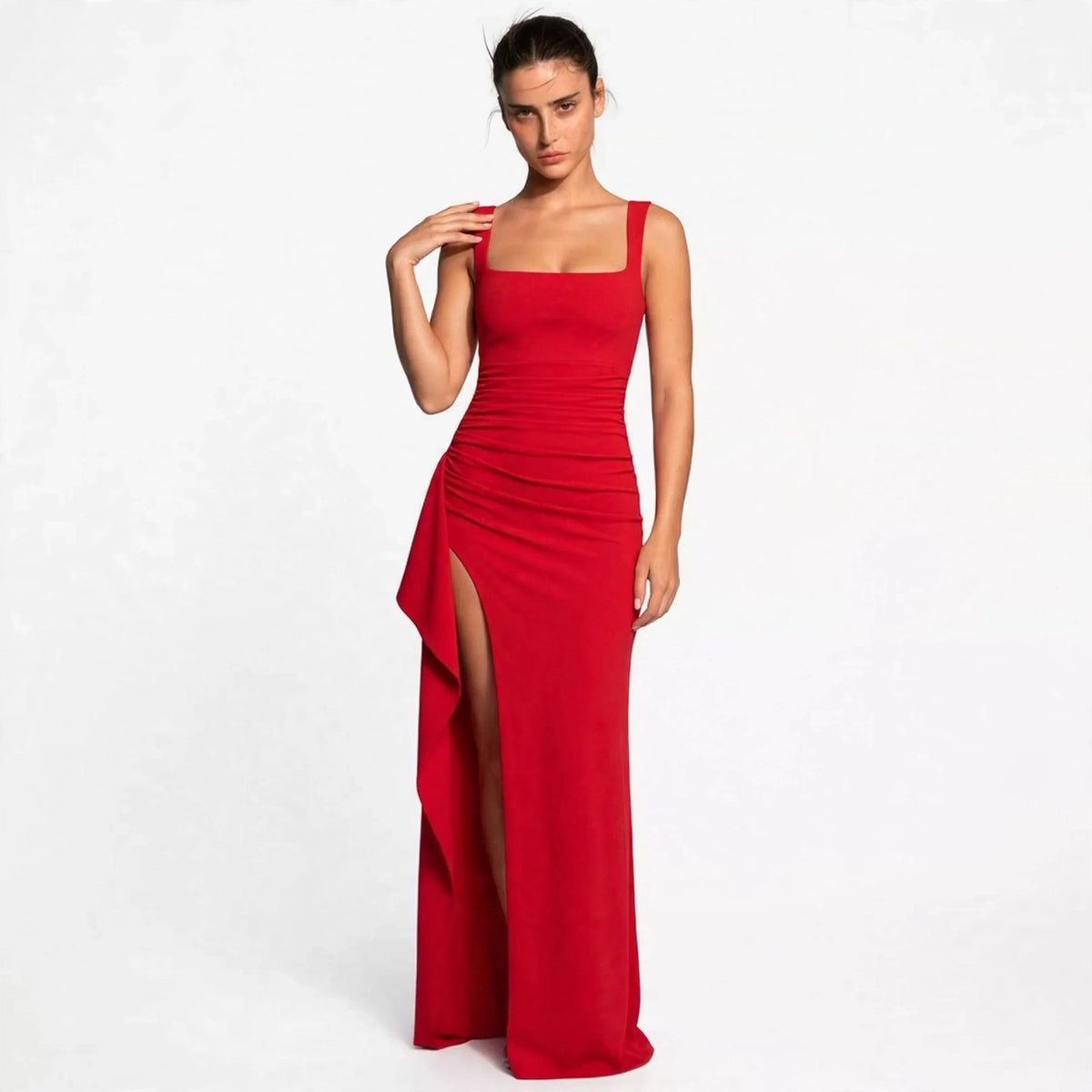 red ruched high slit maxi dress – front view, hand on shoulder