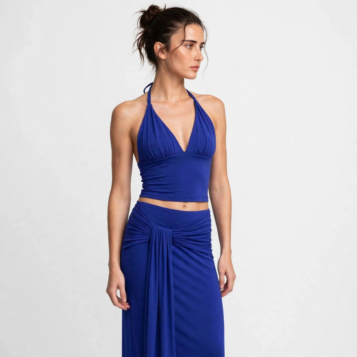 royal blue halter crop top maxi skirt set – detail view