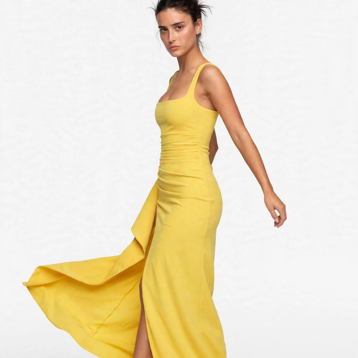 yellow ruched high slit maxi dress – side view