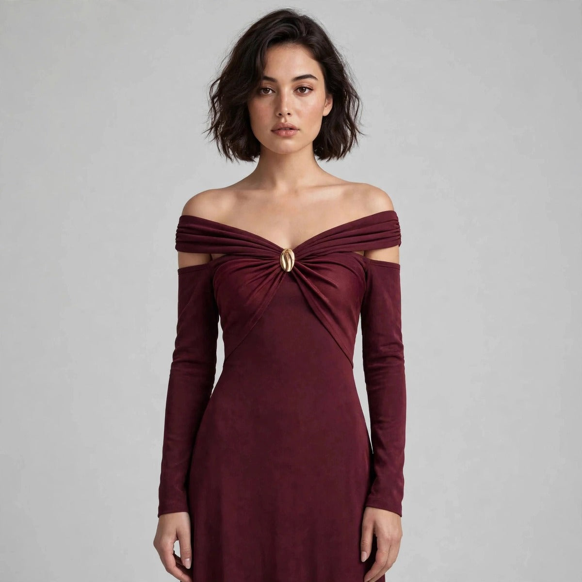 Side view of burgundy off-shoulder ruched maxi dress with long sleeves