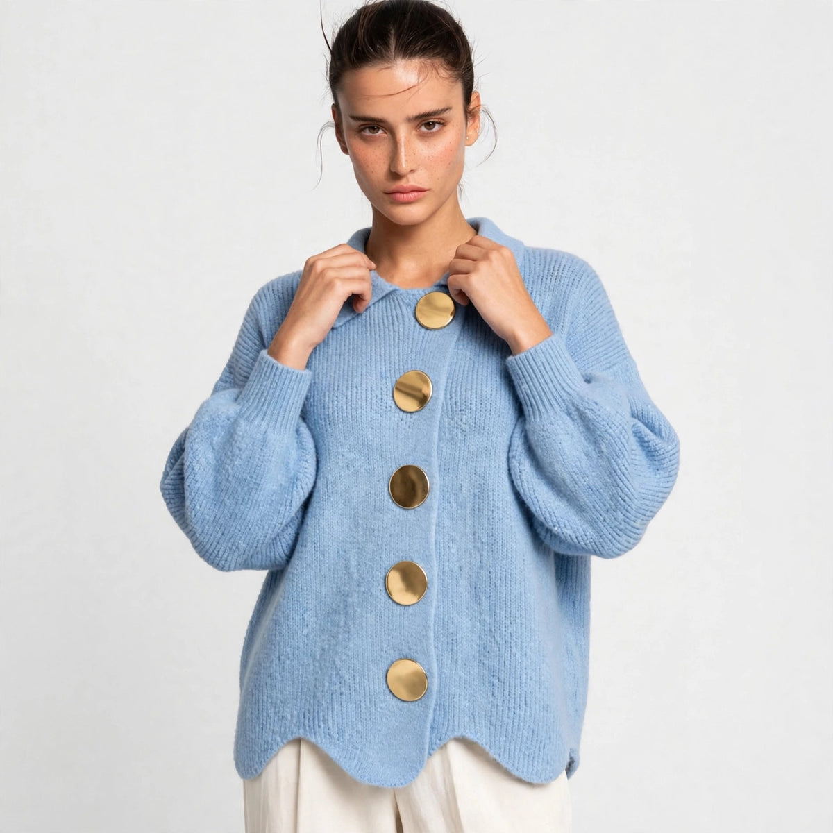 sky blue gold button lantern sleeve cardigan – front view 2