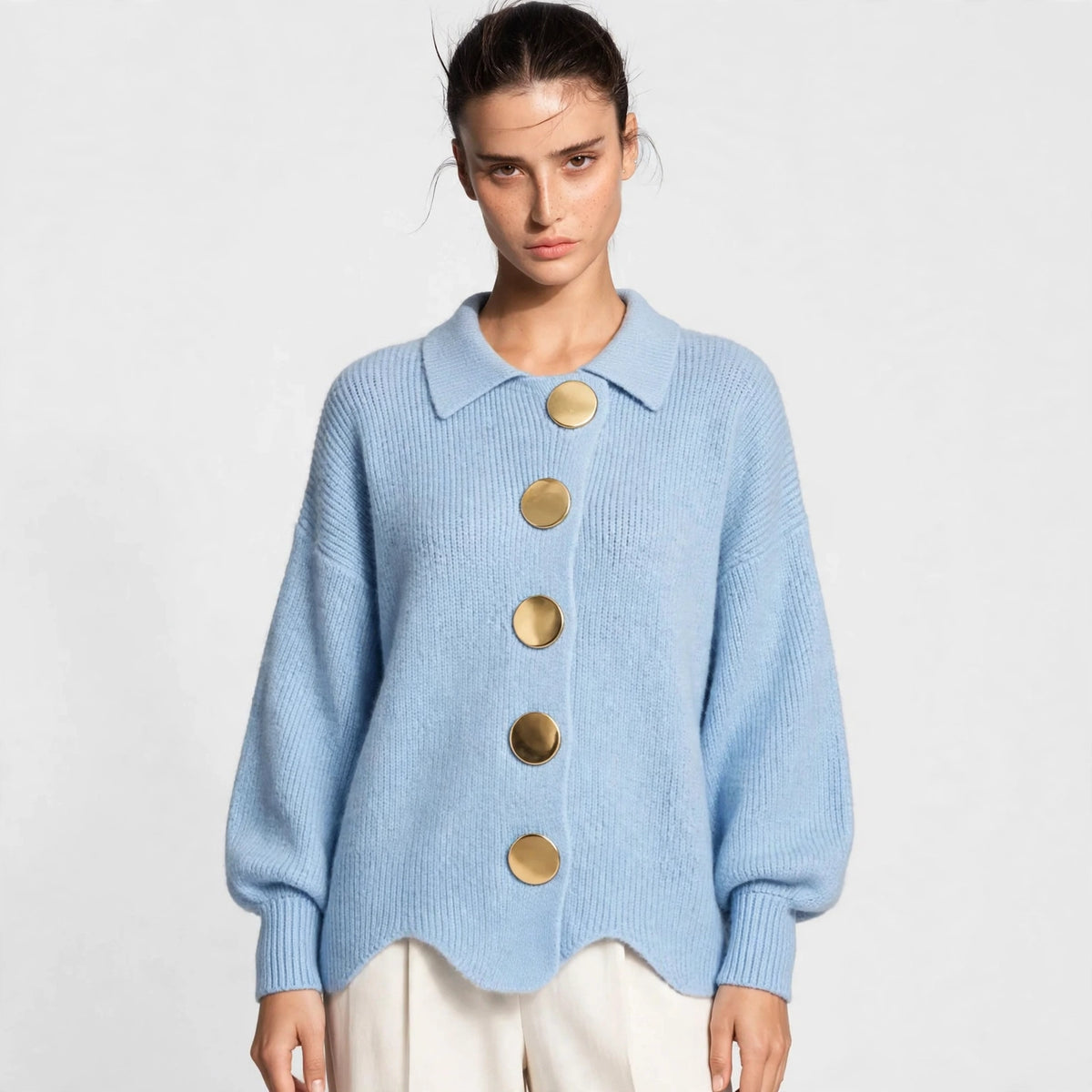 sky blue gold button lantern sleeve cardigan – front view 3
