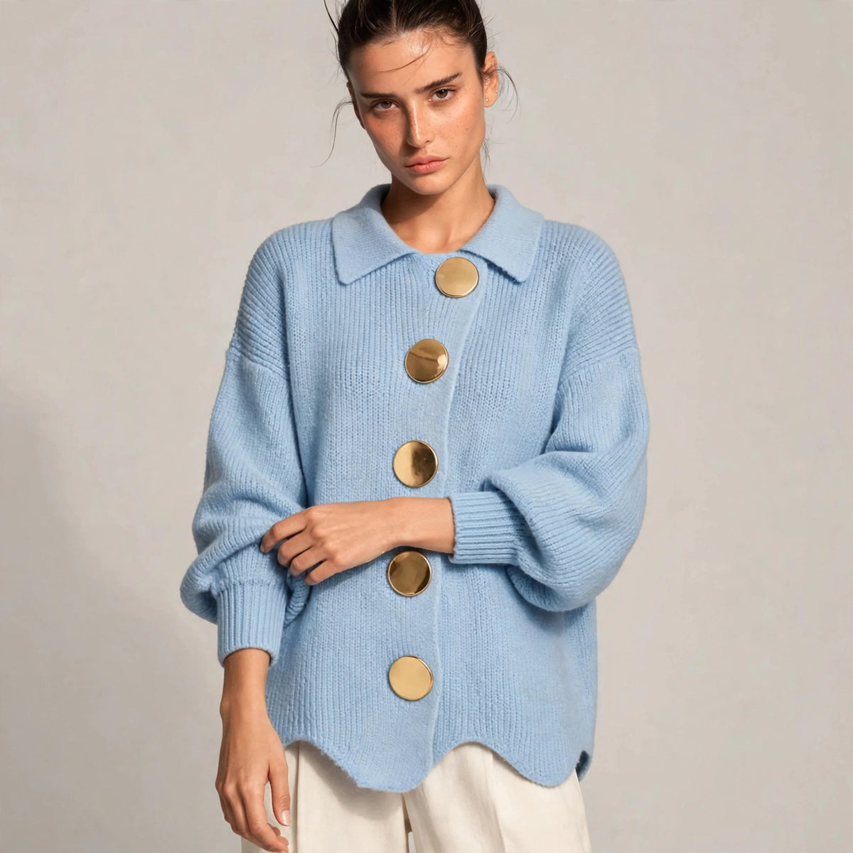 sky blue gold button lantern sleeve cardigan – front view 4