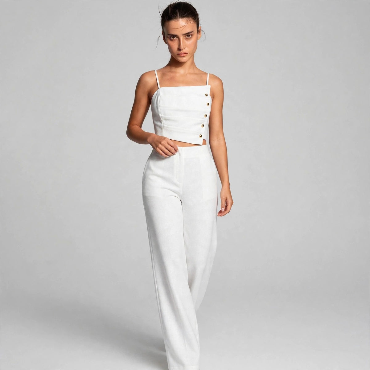 white decorative button smocked back cami and wide leg pants set – model editorial view