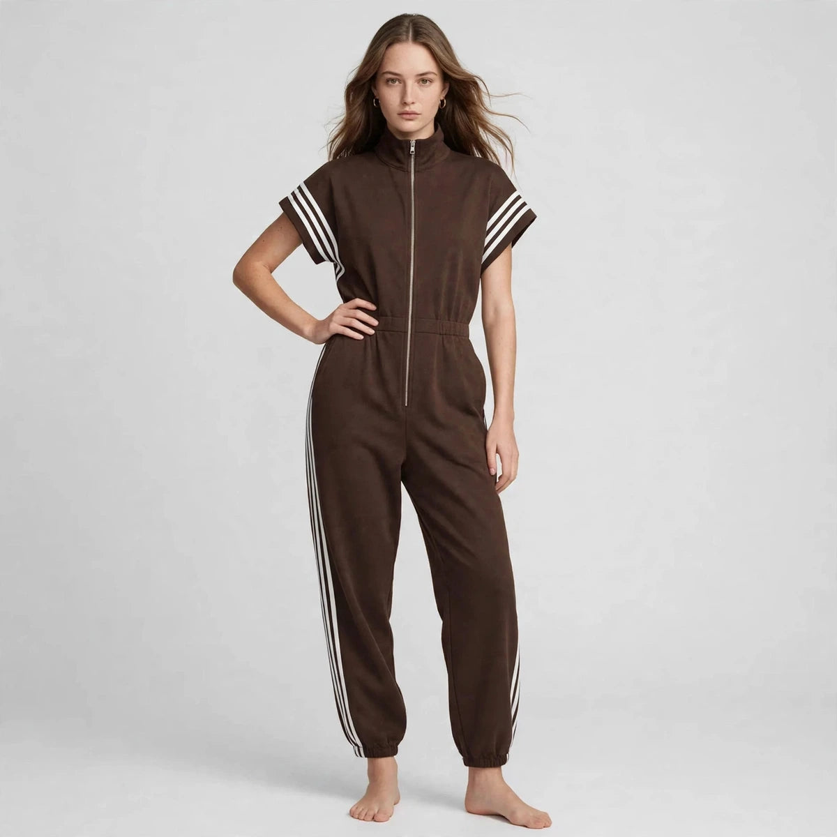 Women's brown sporty striped jumpsuit, front view