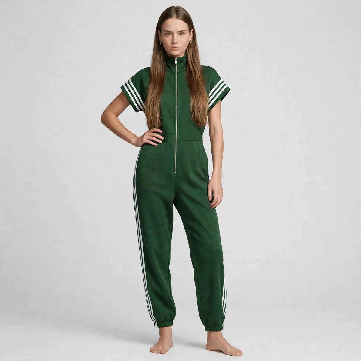 Women's green sporty striped jumpsuit, front view