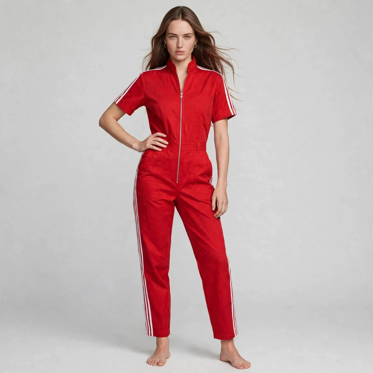Women's red sporty striped jumpsuit, front view