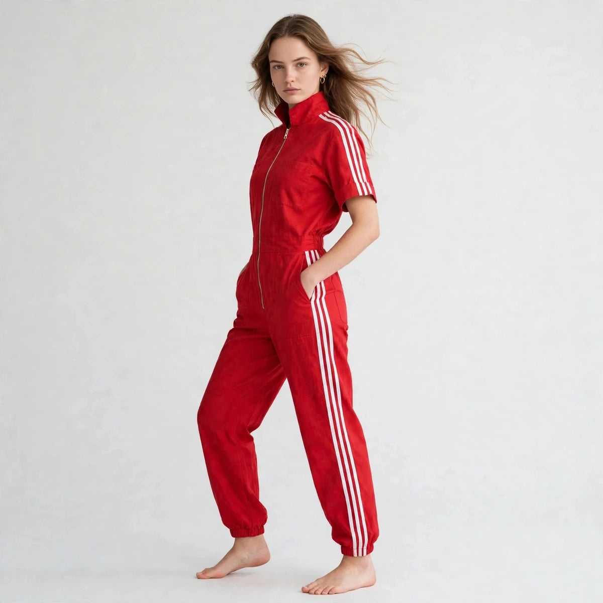 Three-quarter view of red sporty stripe zip-front jumpsuit with white stripes