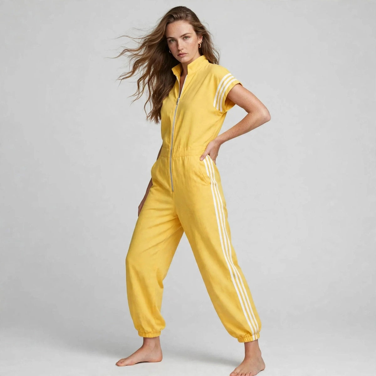 Side view of mustard yellow sporty stripe zip-front jumpsuit with white stripes