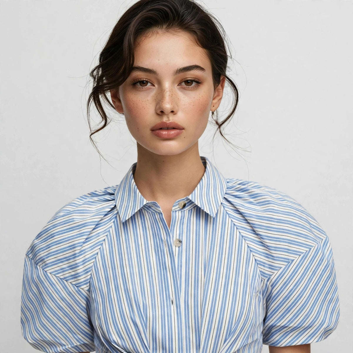 Close-up of blue striped shirt dress showing collar and puff sleeves