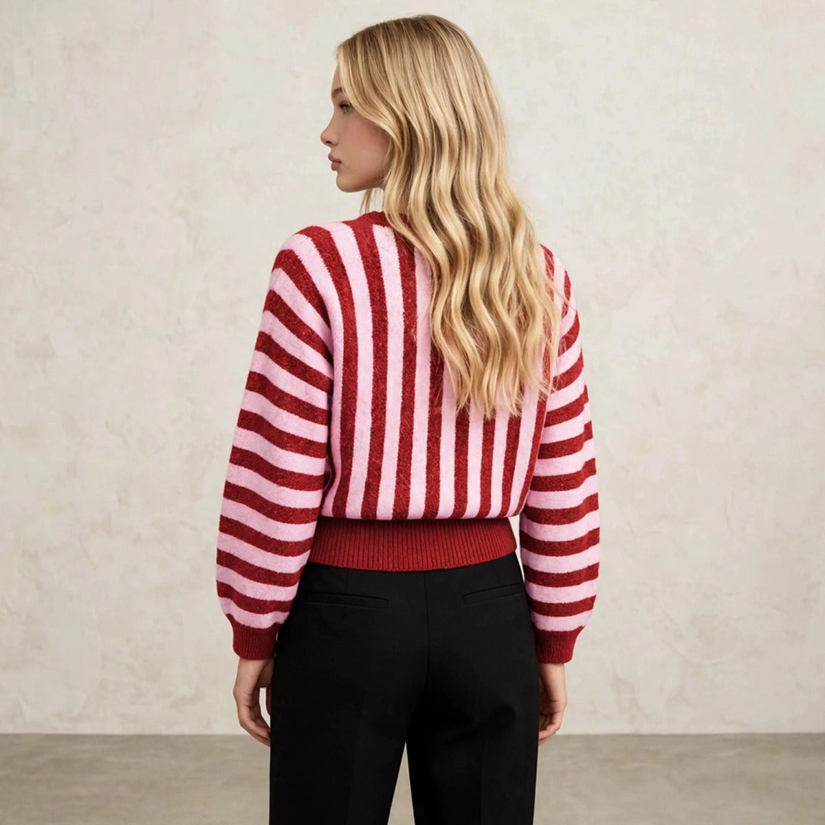 Women's deep red striped fuzzy knit crew neck sweater, back view
