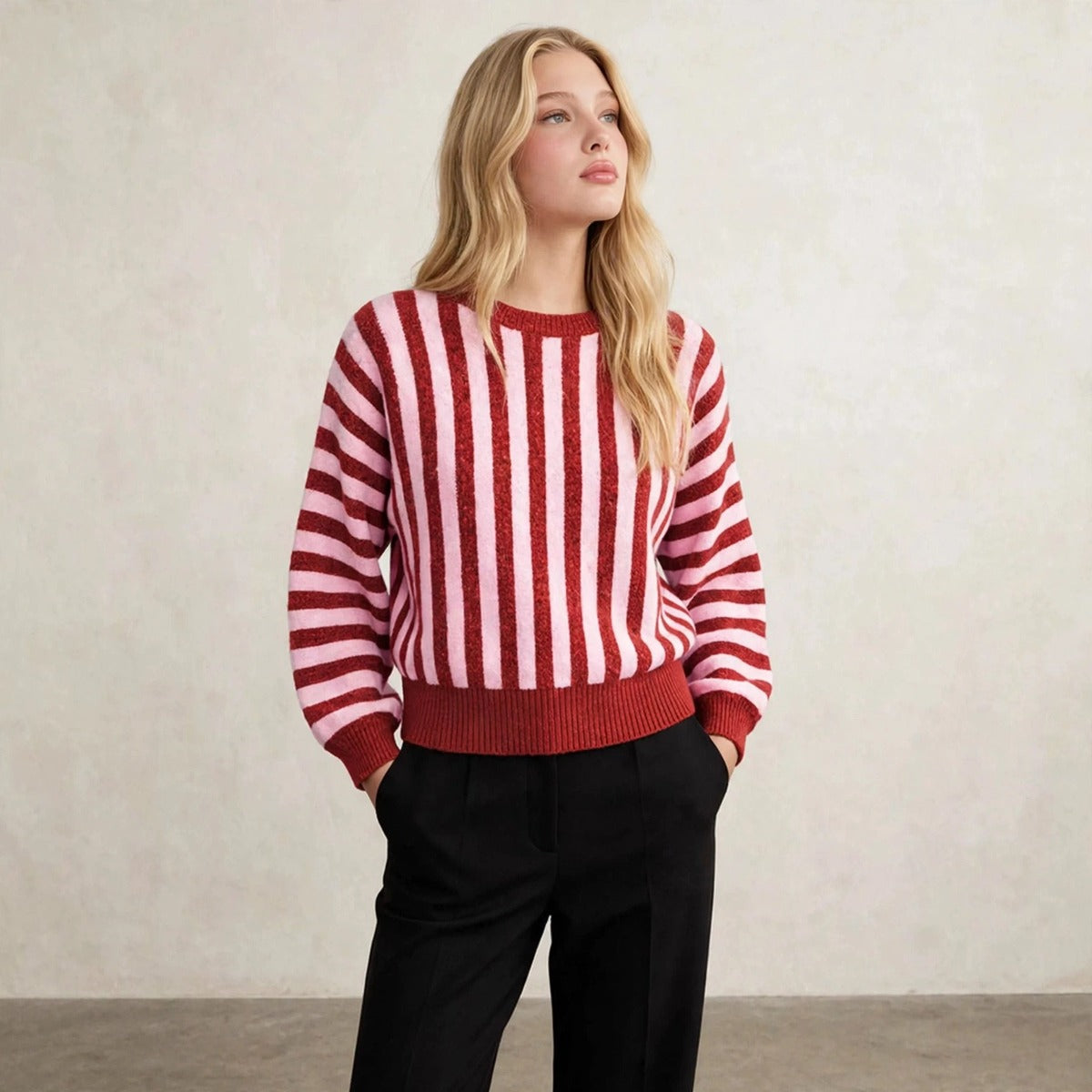 Women's vertical striped crew neck sweater in deep red and pink, front view