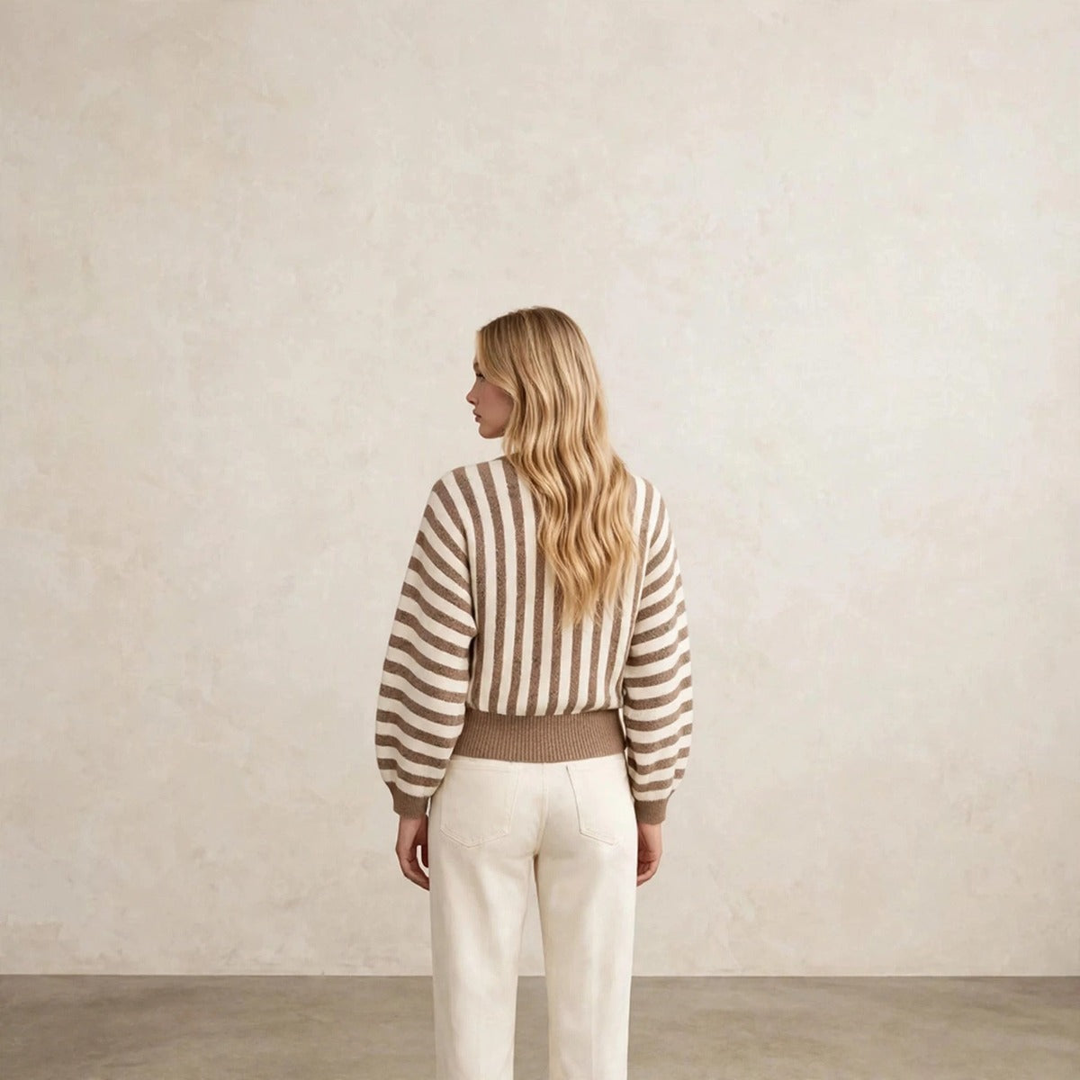 Women's khaki striped fuzzy knit crew neck sweater, back view