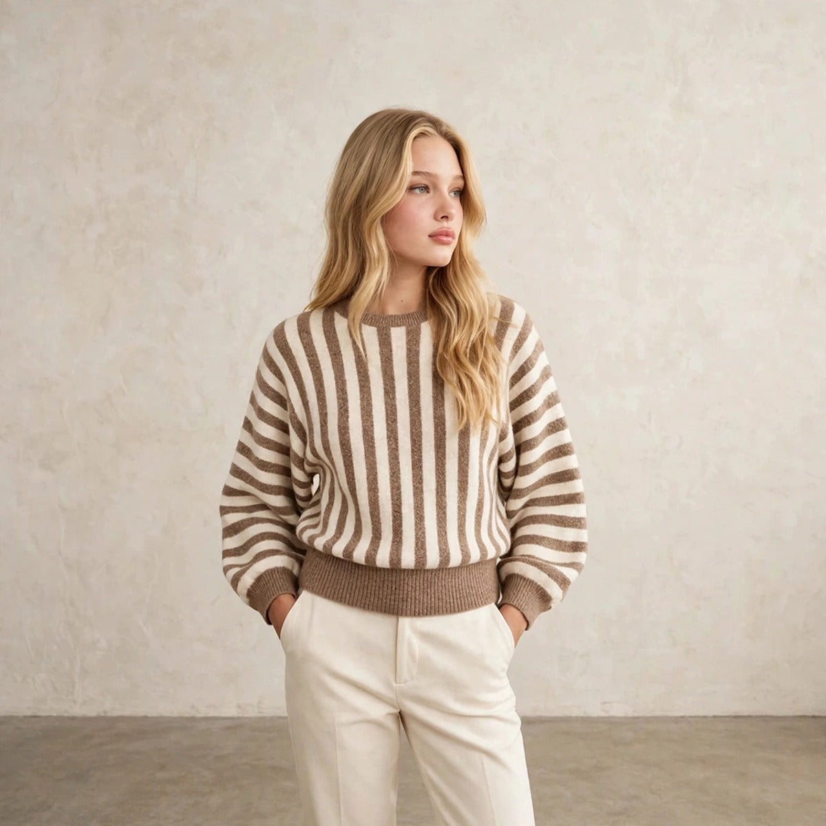 Women's vertical striped crew neck sweater in khaki and cream, front view