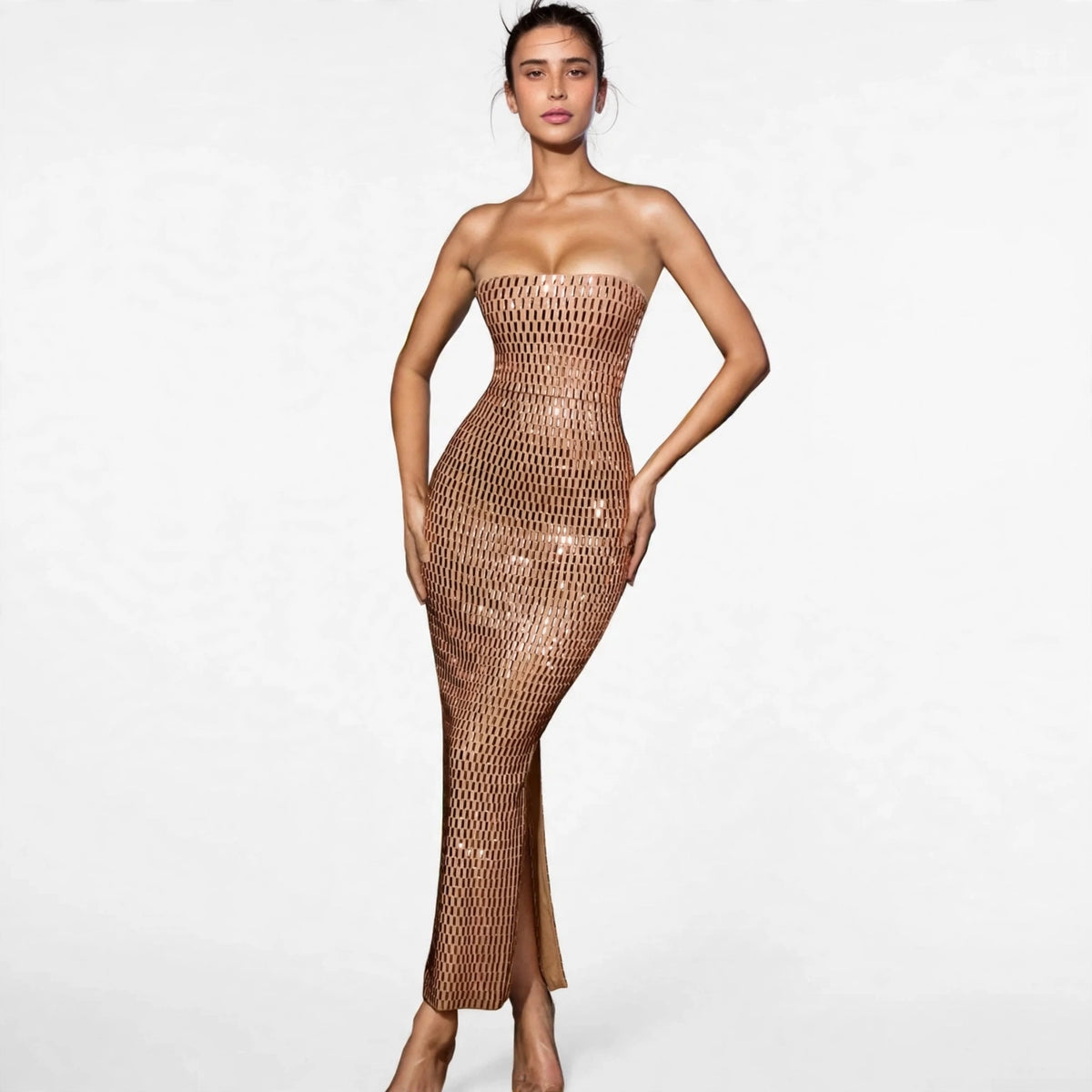 tan slit back tube maxi dress – front view