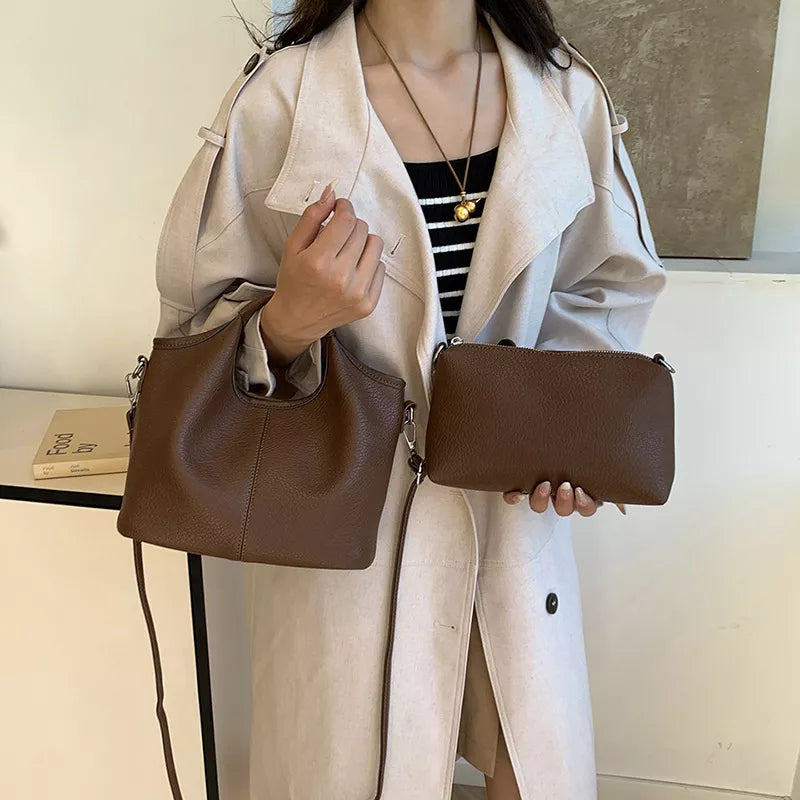 Textured leather crossbody bag with matching pouch fashion view | Orleve