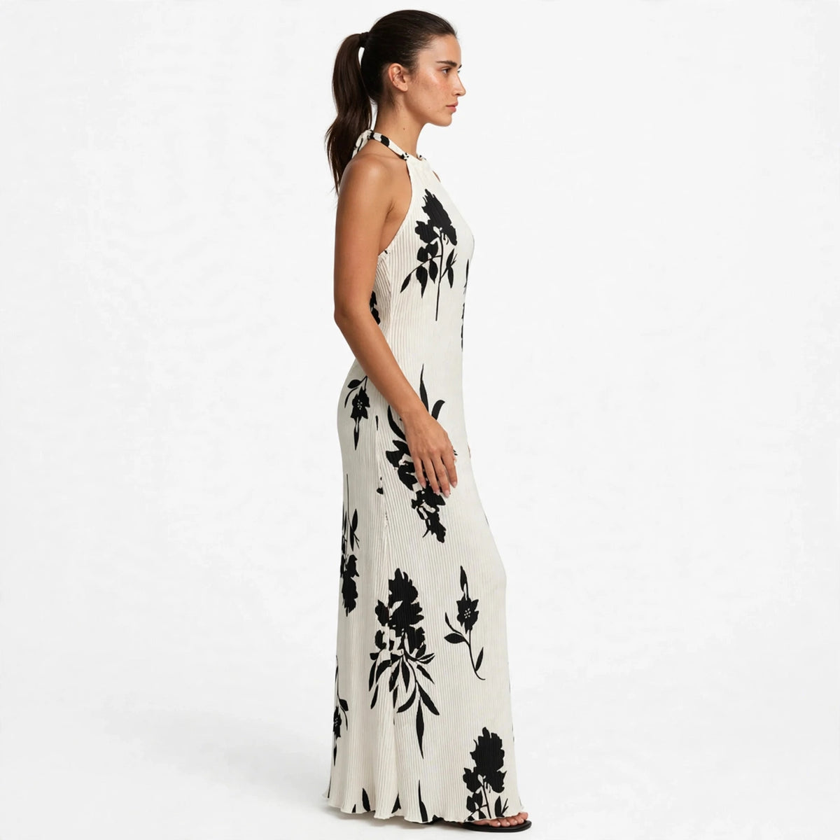white floral halter maxi dress – side view