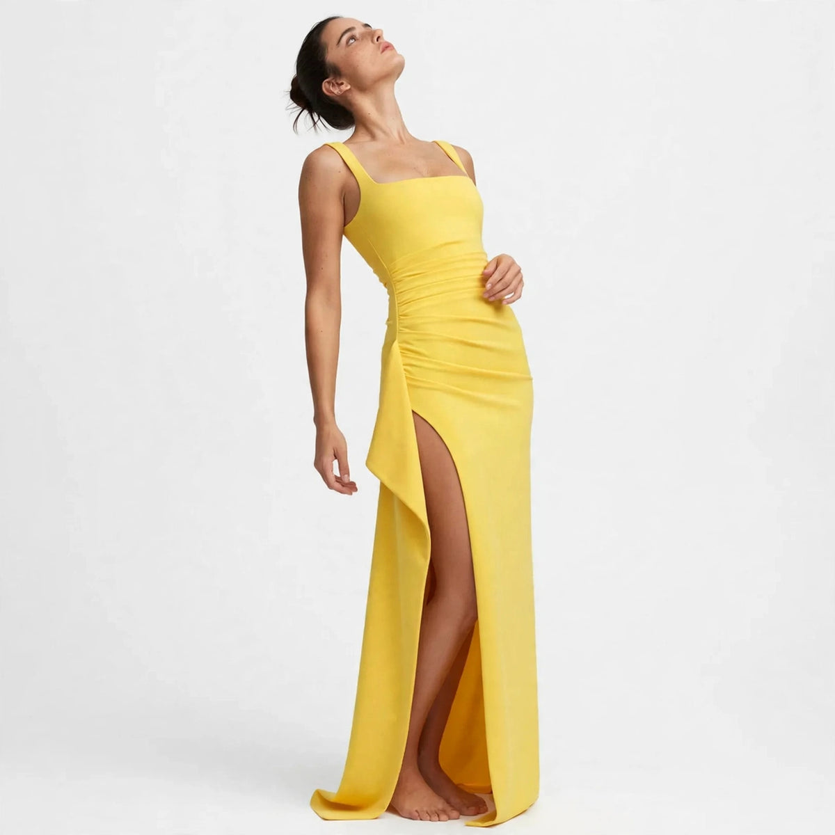 yellow ruched high slit maxi dress – front view, head tilted back