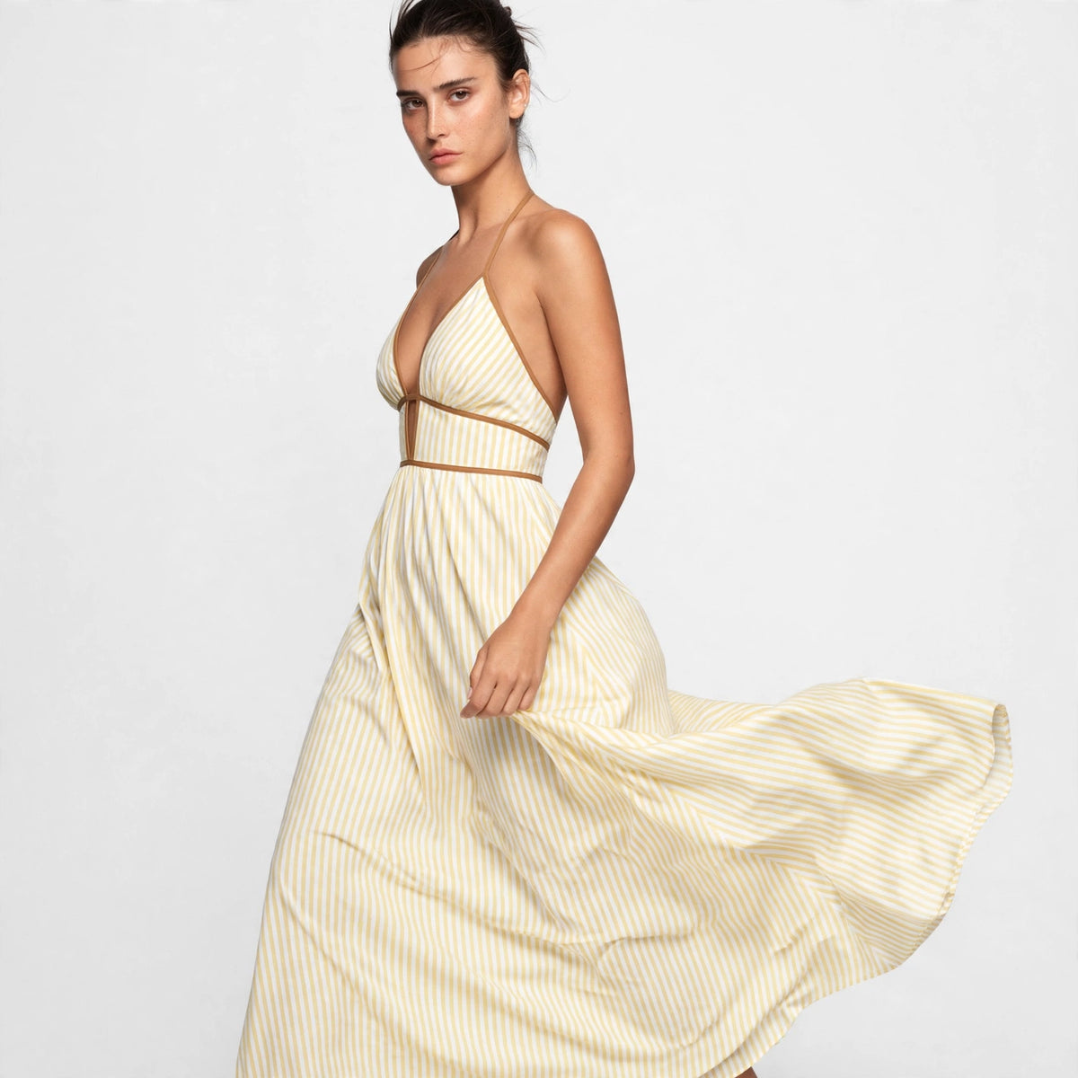 yellow striped halter maxi dress – three-quarter front view